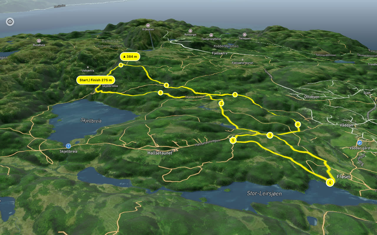Stykkesvegen – Hallsetaunvegen 10 km loop seen over 3D terrain