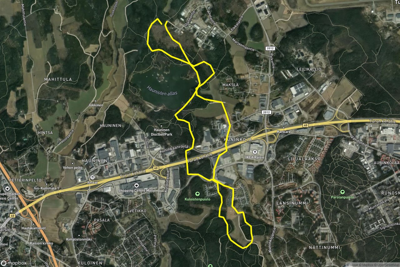 Haunisten ulkoilureitti – Suoniityntie 9 km loop seen over 3D terrain