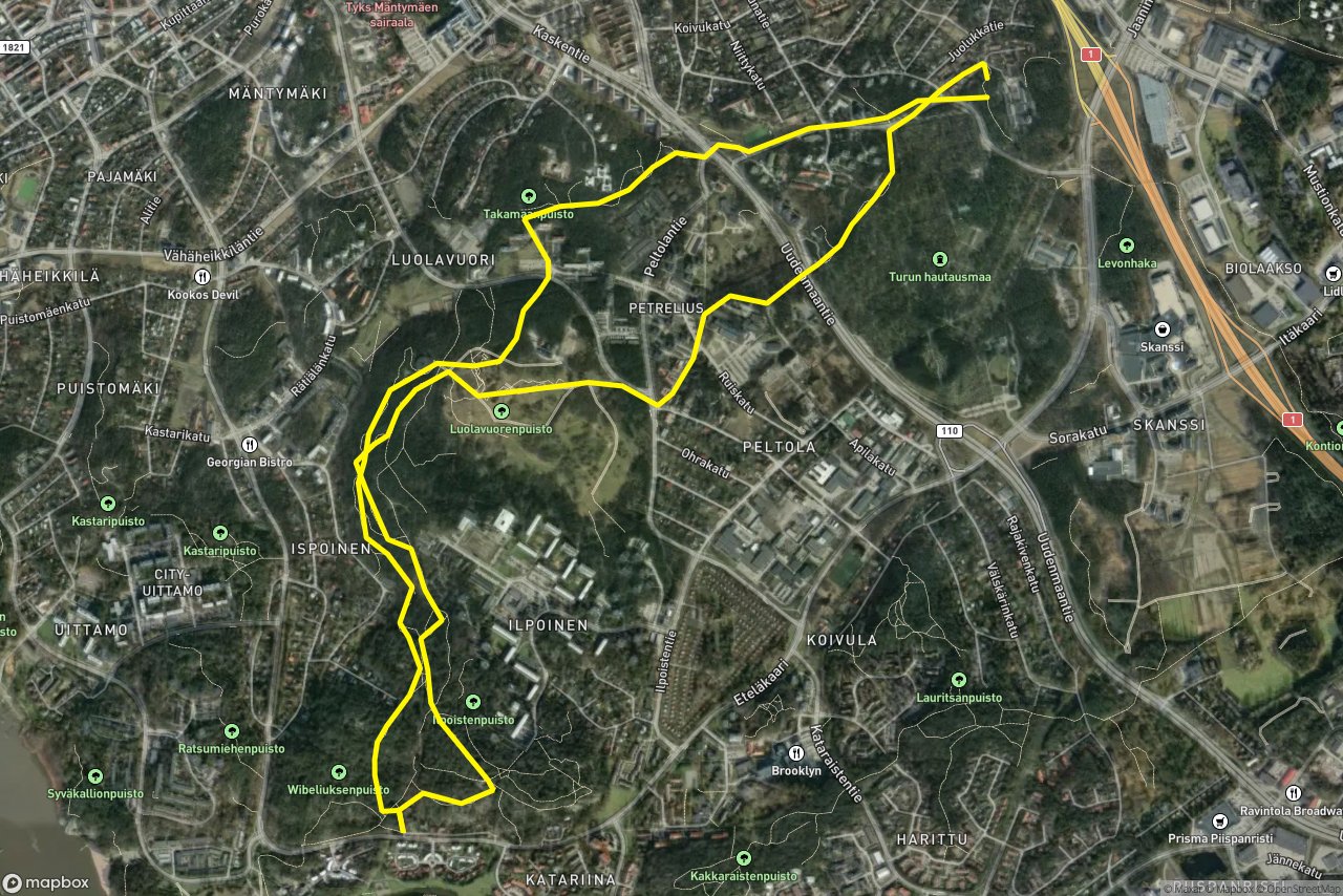 Hautausmaantie – Vuorelantie 10 km loop seen over 3D terrain