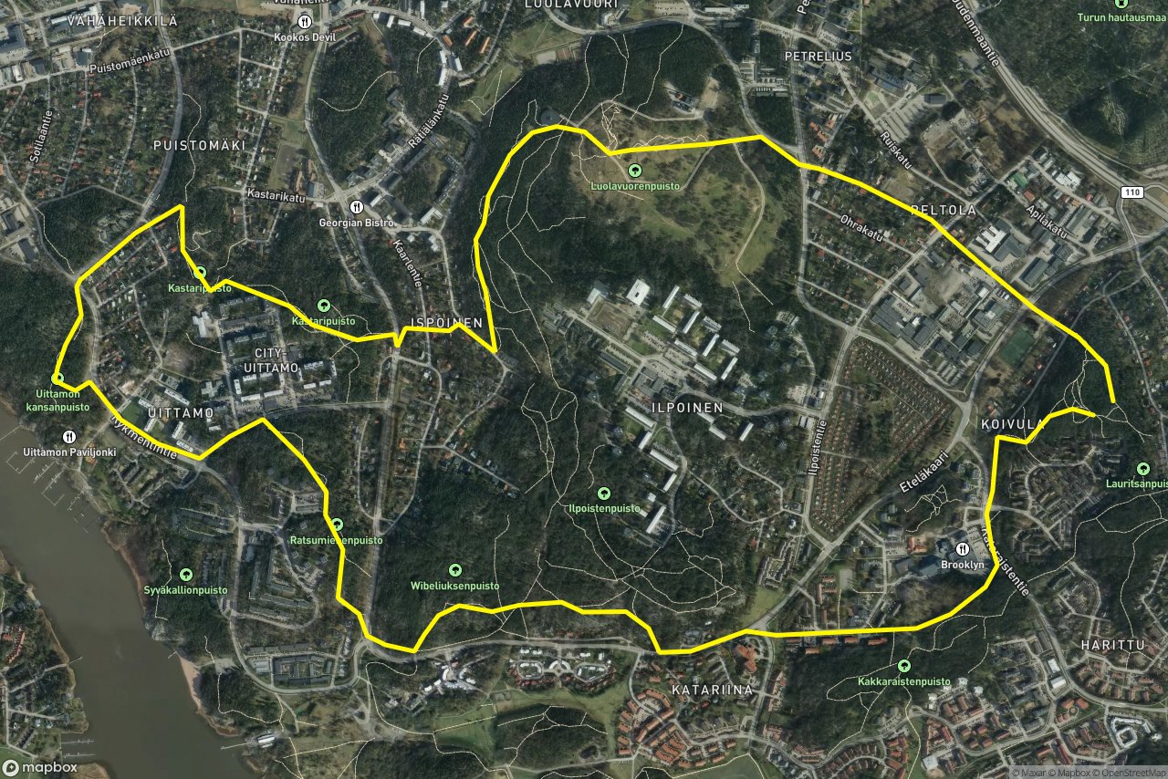 Kaurakatu – Eteläkaari 10 km loop seen over 3D terrain