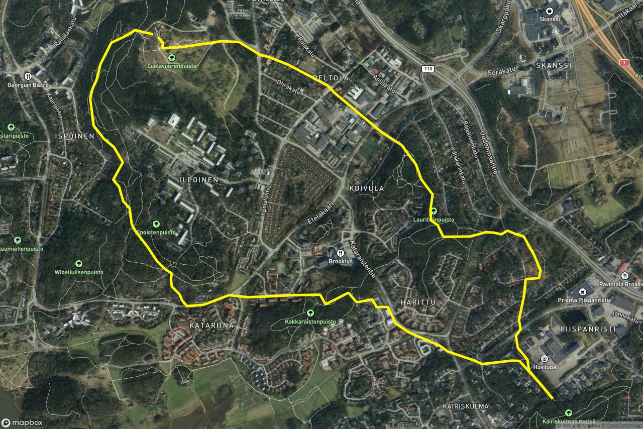 Kaurakatu – Hiekkakatu 9 km loop seen over 3D terrain