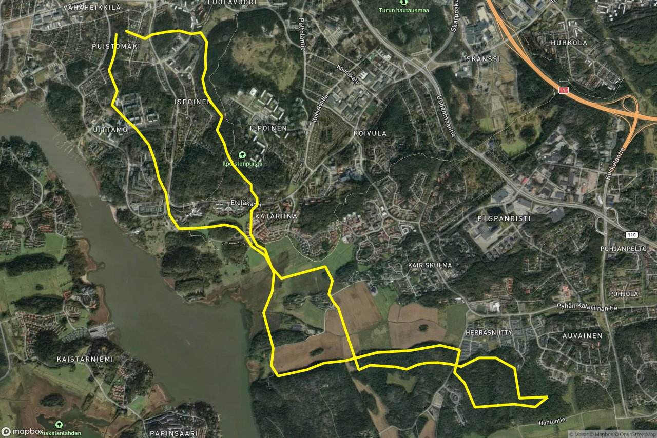 P.Katariinan polut – Paavonpolut 16 km loop seen over 3D terrain