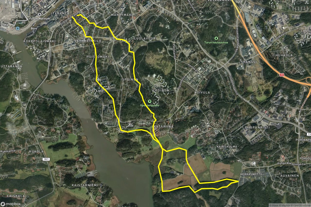 P.Katariinan polut – Rätiälänkatu 16 km loop seen over 3D terrain