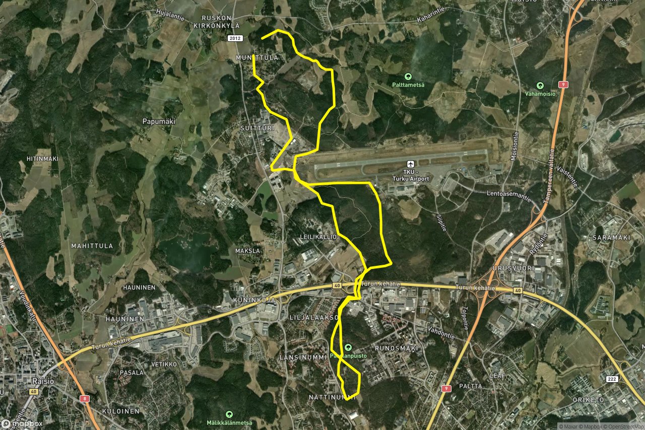 Paavonpolut – Vanha luontopolku 17 km loop seen over 3D terrain
