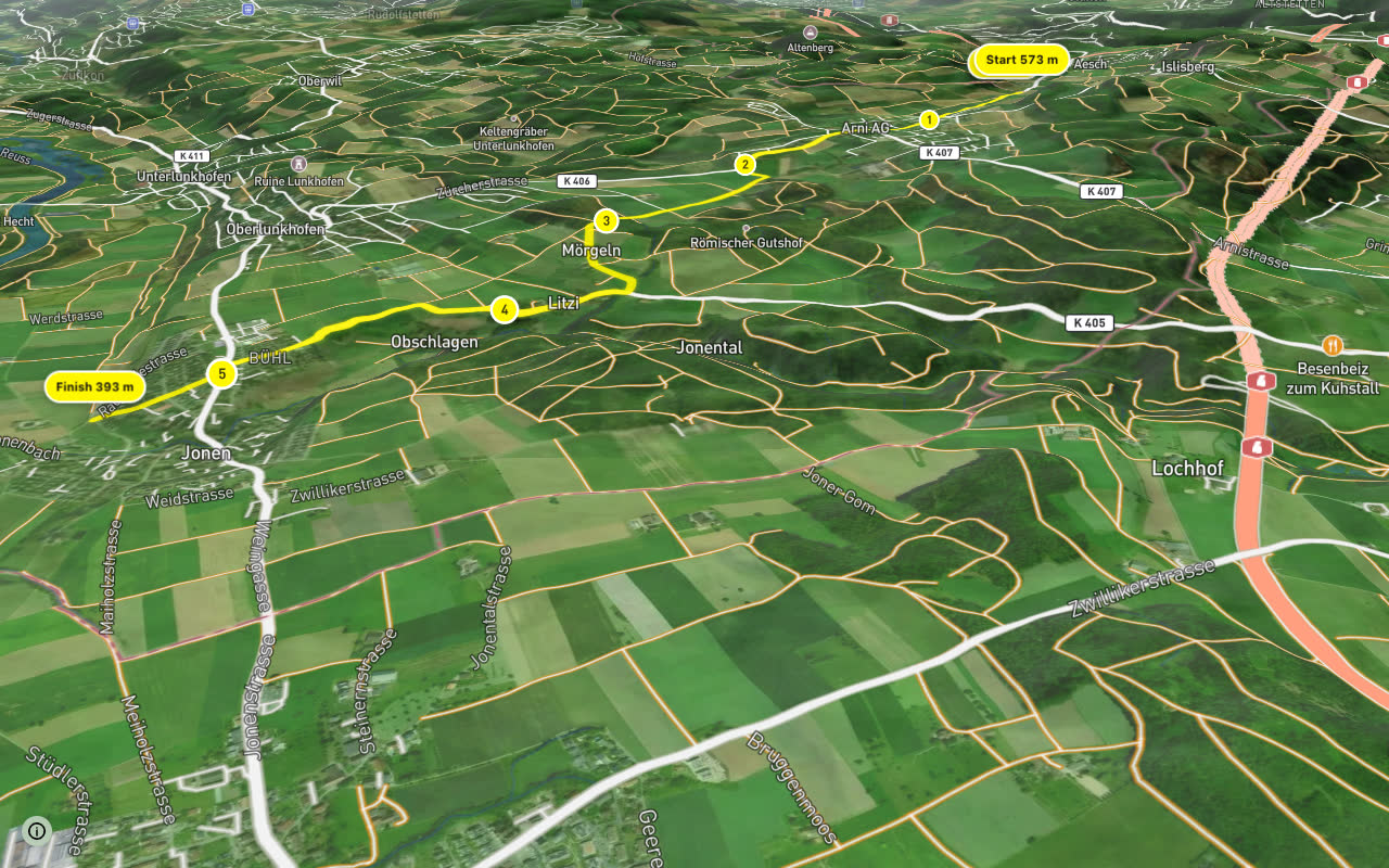 Aesch-Jonen seen over 3D terrain