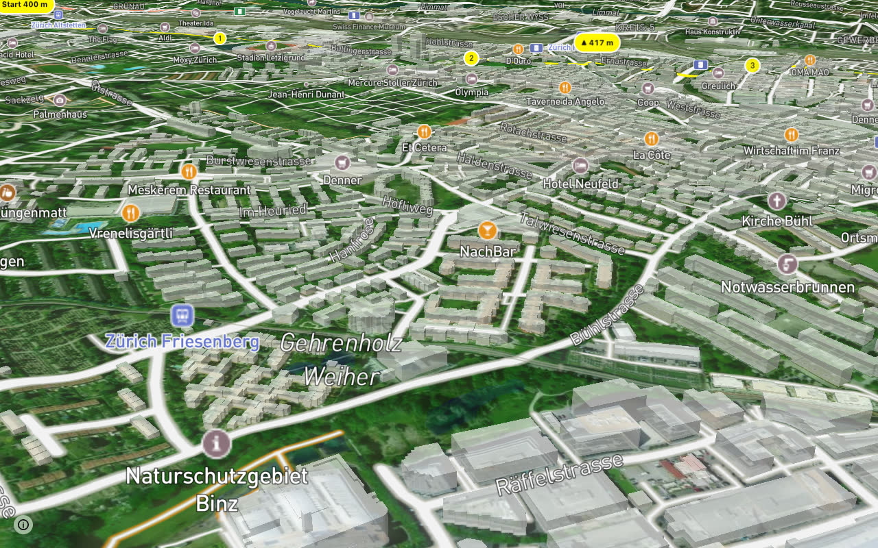 Altstetten - Hauptbahnhof seen over 3D terrain