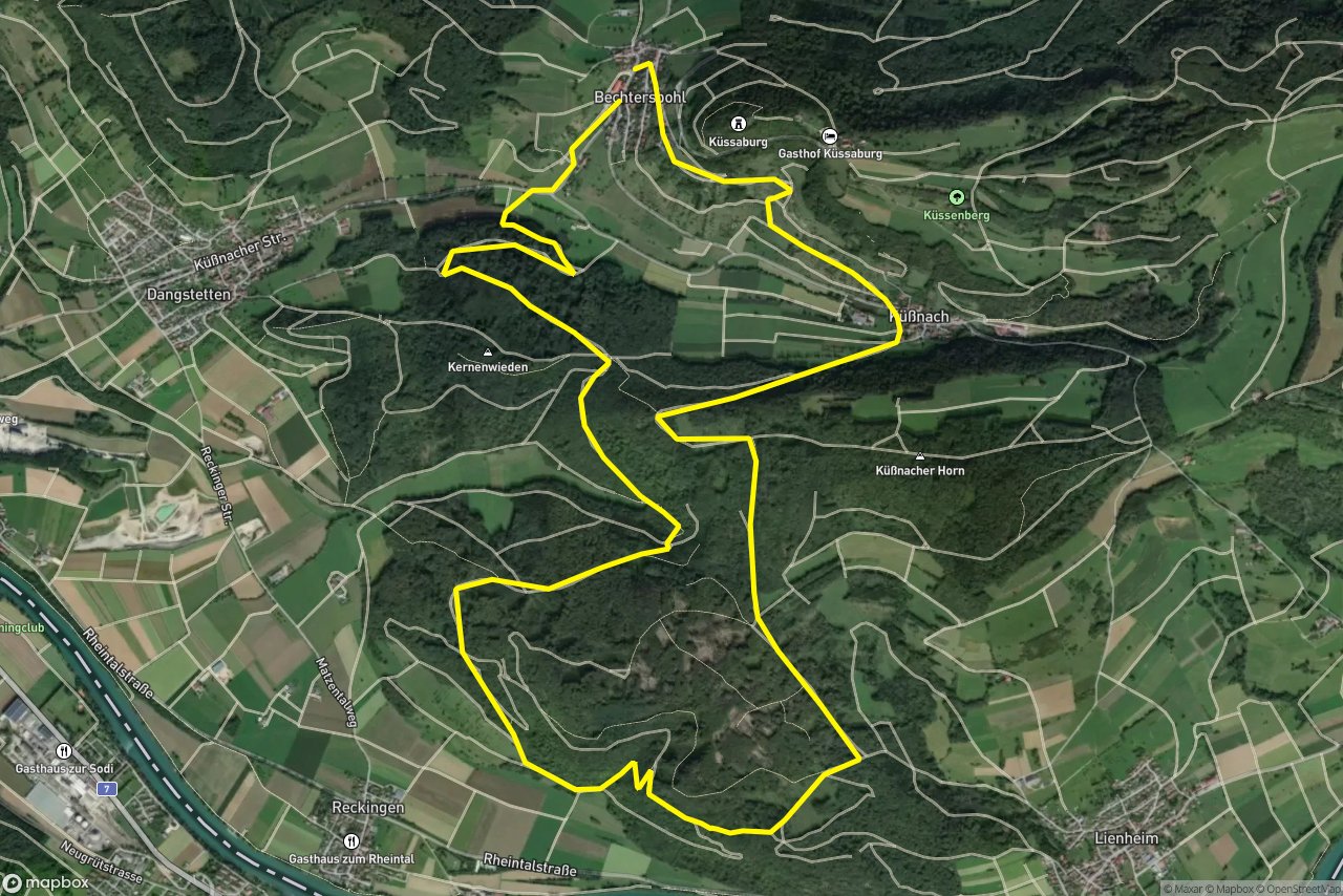 Eichhaldenweg – Oberer Forlenweg 14 km loop seen over 3D terrain