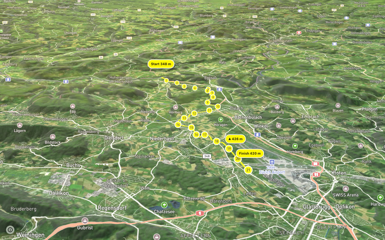 Glatt-Route seen over 3D terrain