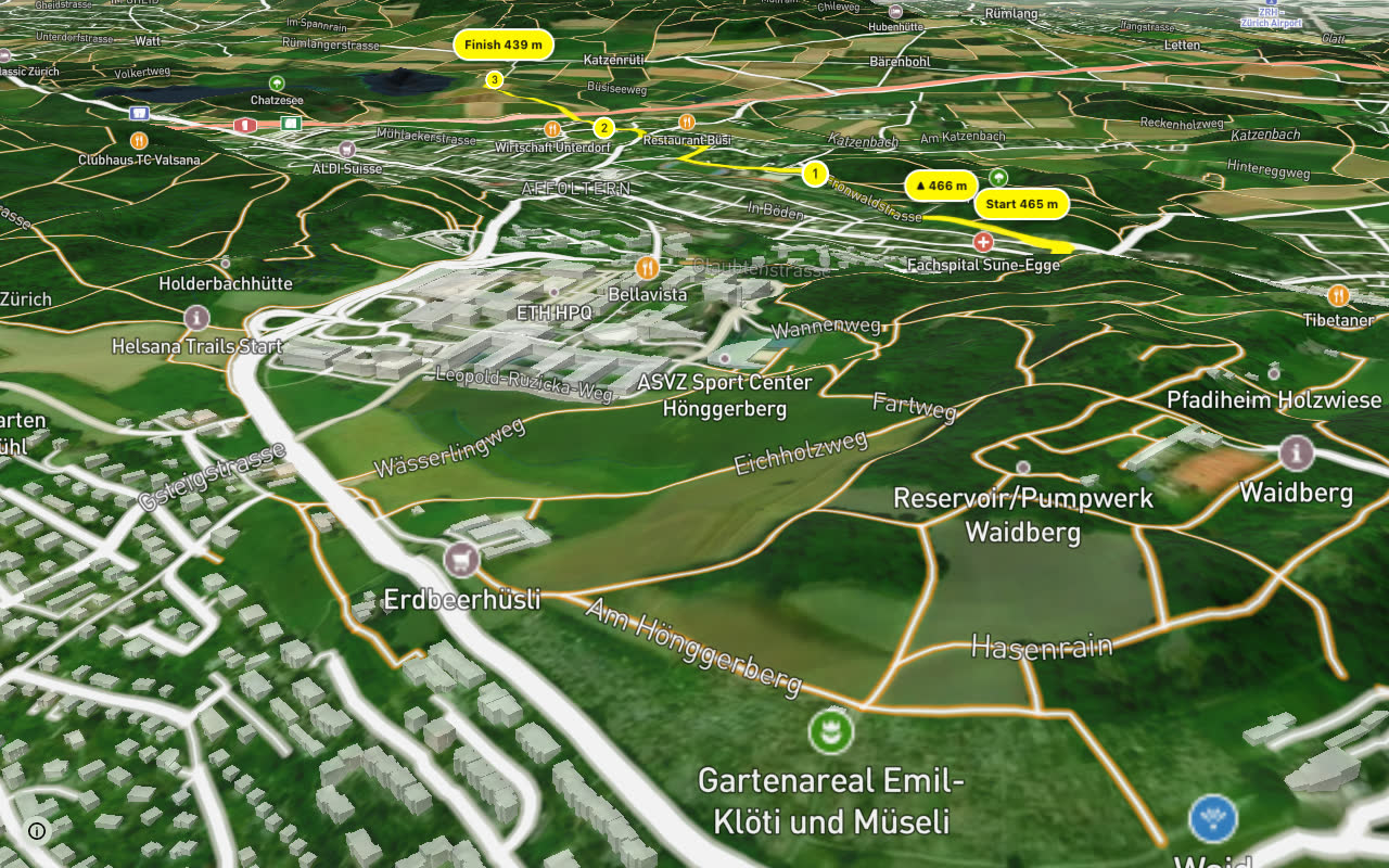 Katzensee - Affoltern - Bucheggplatz seen over 3D terrain