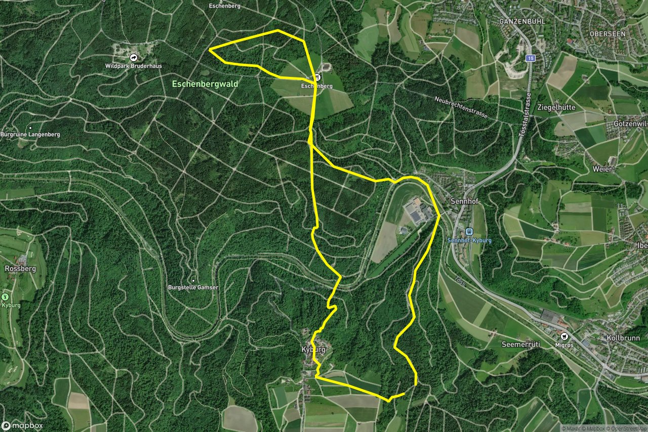 Kyburgerfussweg – Juchartenstrasse 10 km loop seen over 3D terrain