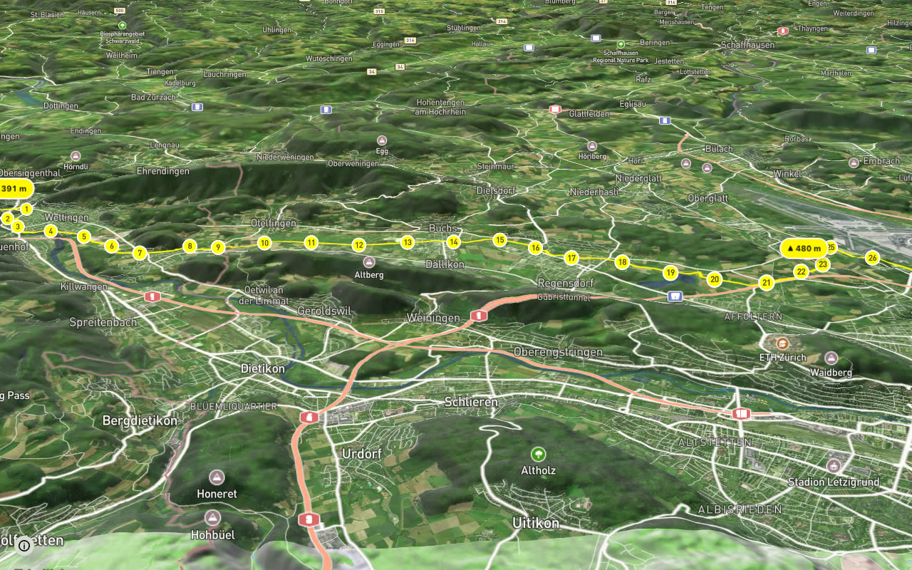 Mittelland-Route seen over 3D terrain